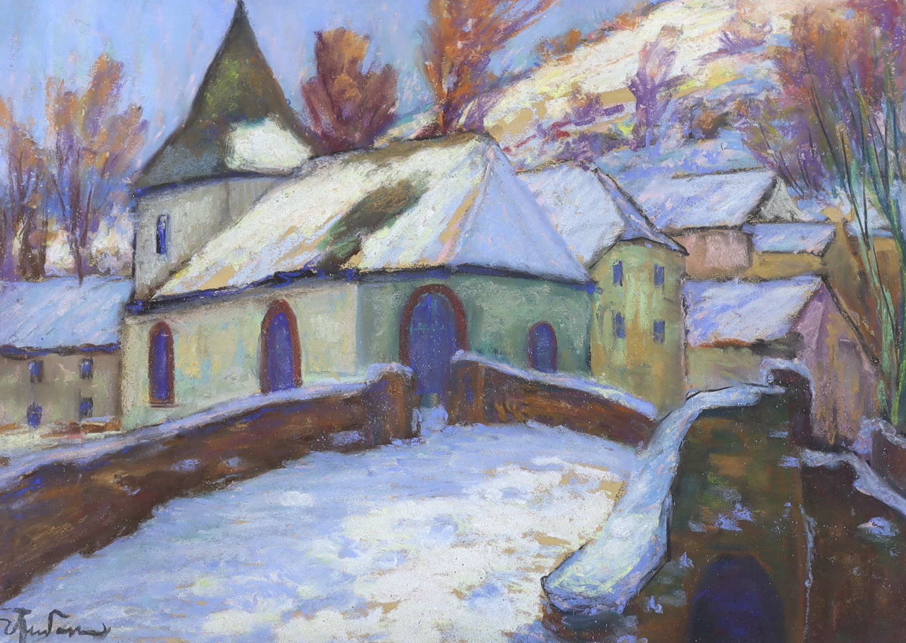 Continental School, heightened pastel and mixed media, Snowy townscape with church, indistinctly signed, 46 x 33cm